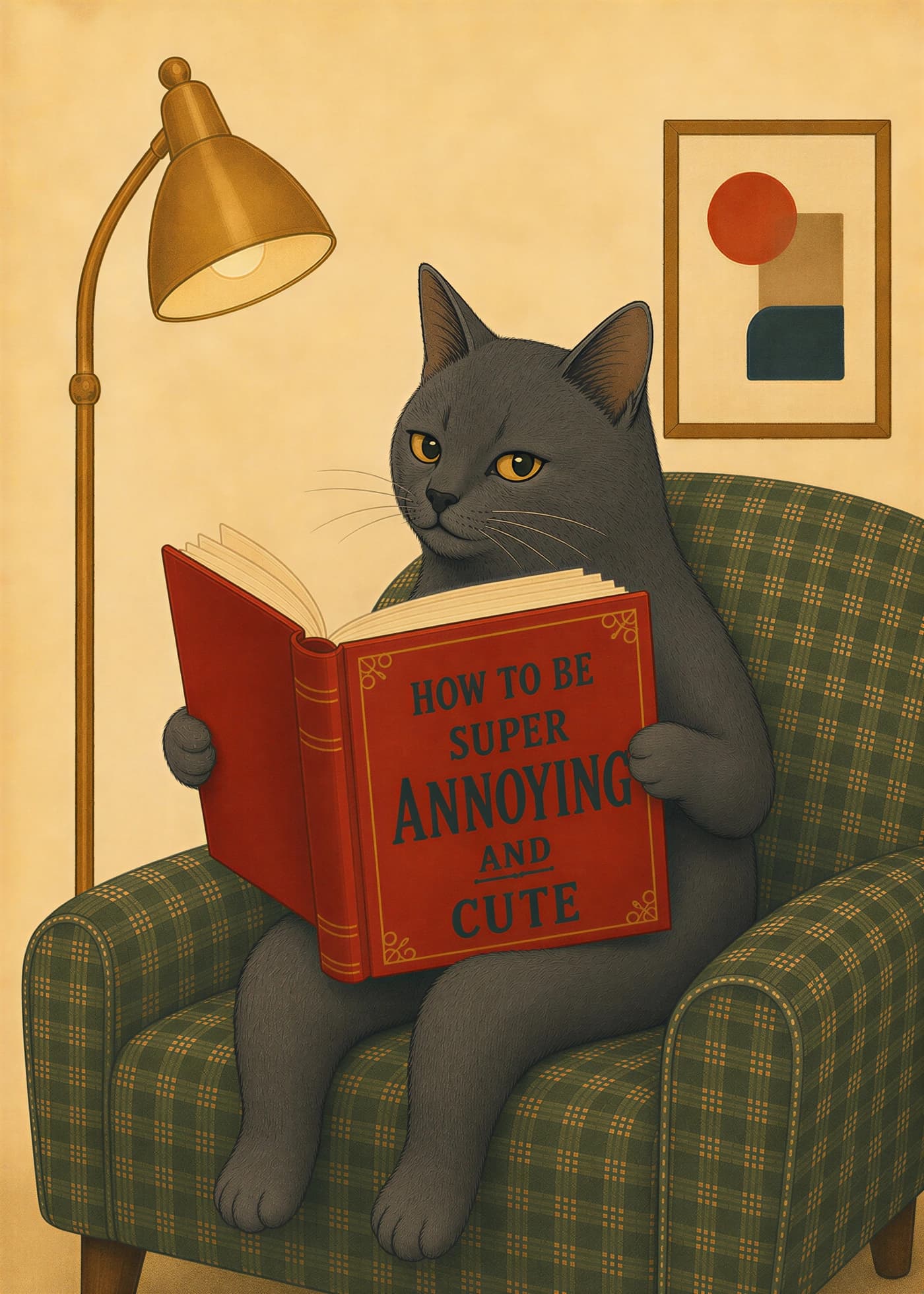 Grey cat reading a book titled How to Be Super Annoying and Cute in a checked armchair