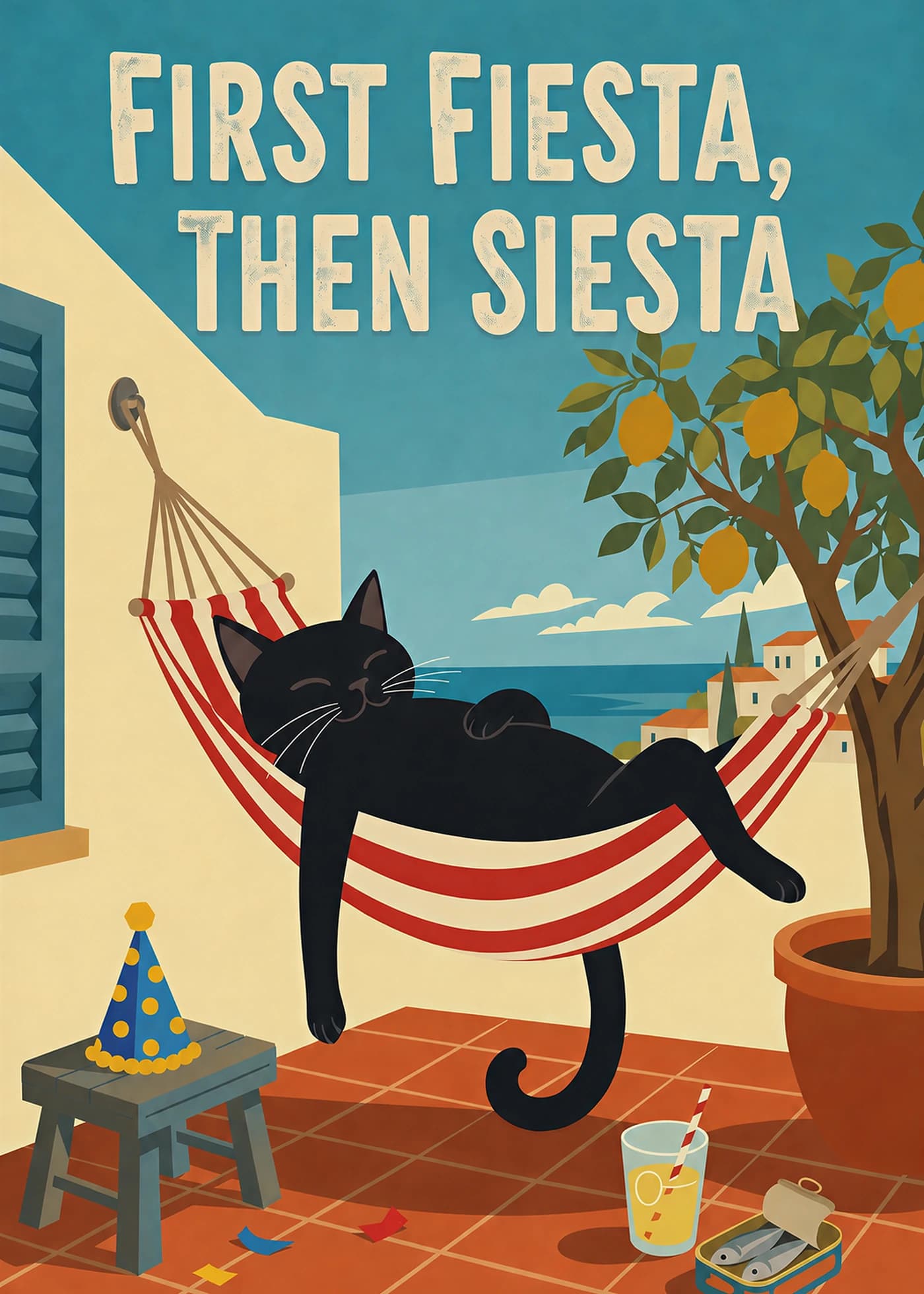 Black cat sleeping in a striped hammock beneath the words First Fiesta, Then Siesta