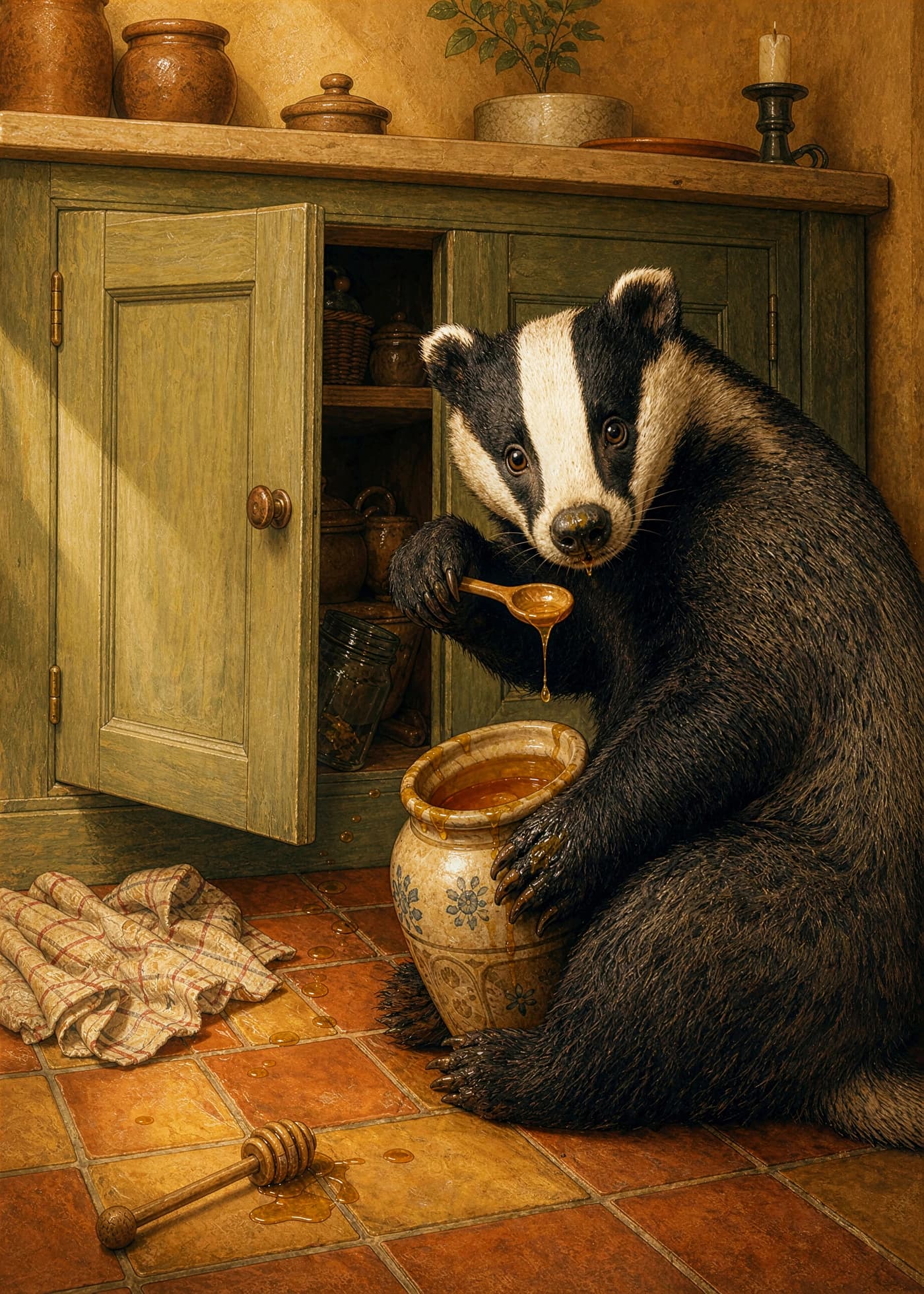 Badger eating from a honey pot beside an open kitchen cupboard