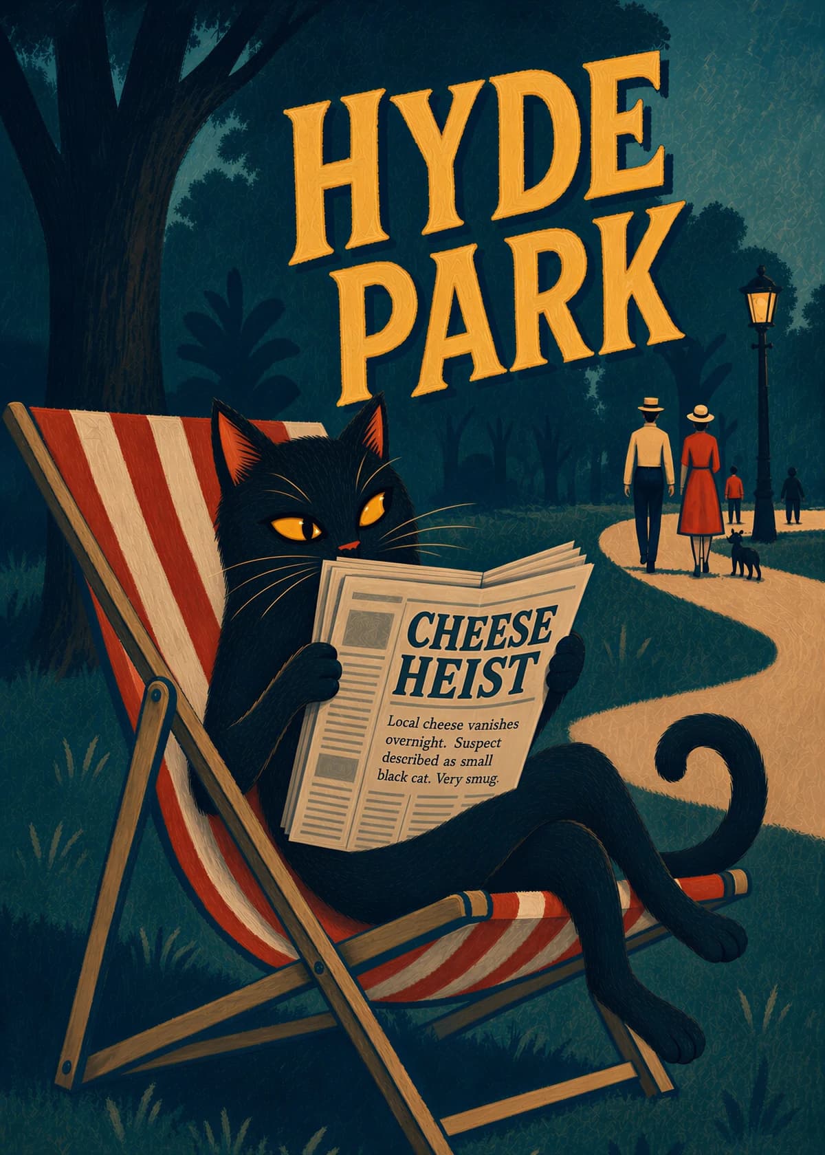 Hyde Park black cat reading a cheese heist newspaper in a striped deckchair