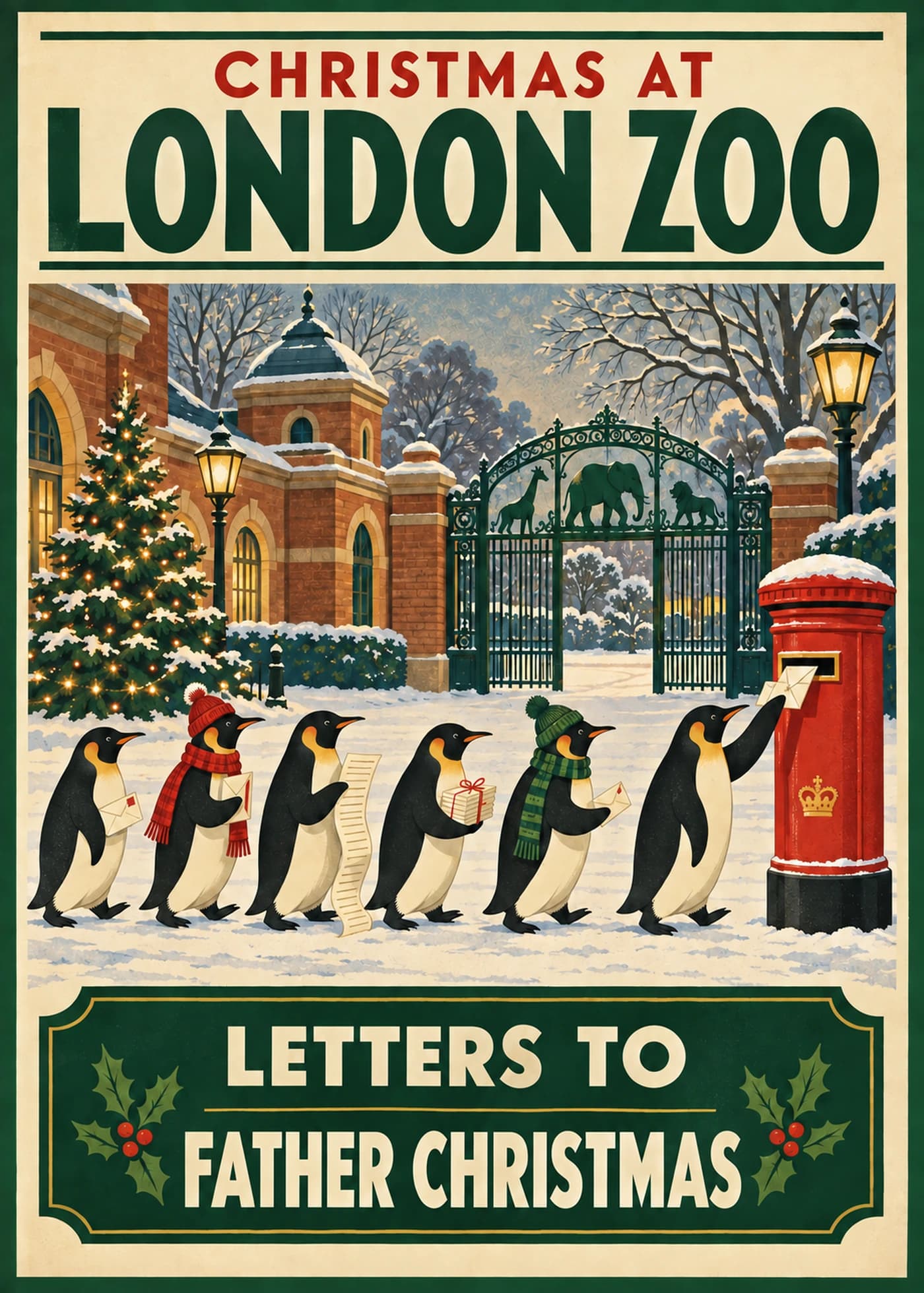Penguins posting their Christmas letters at a snowy London Zoo