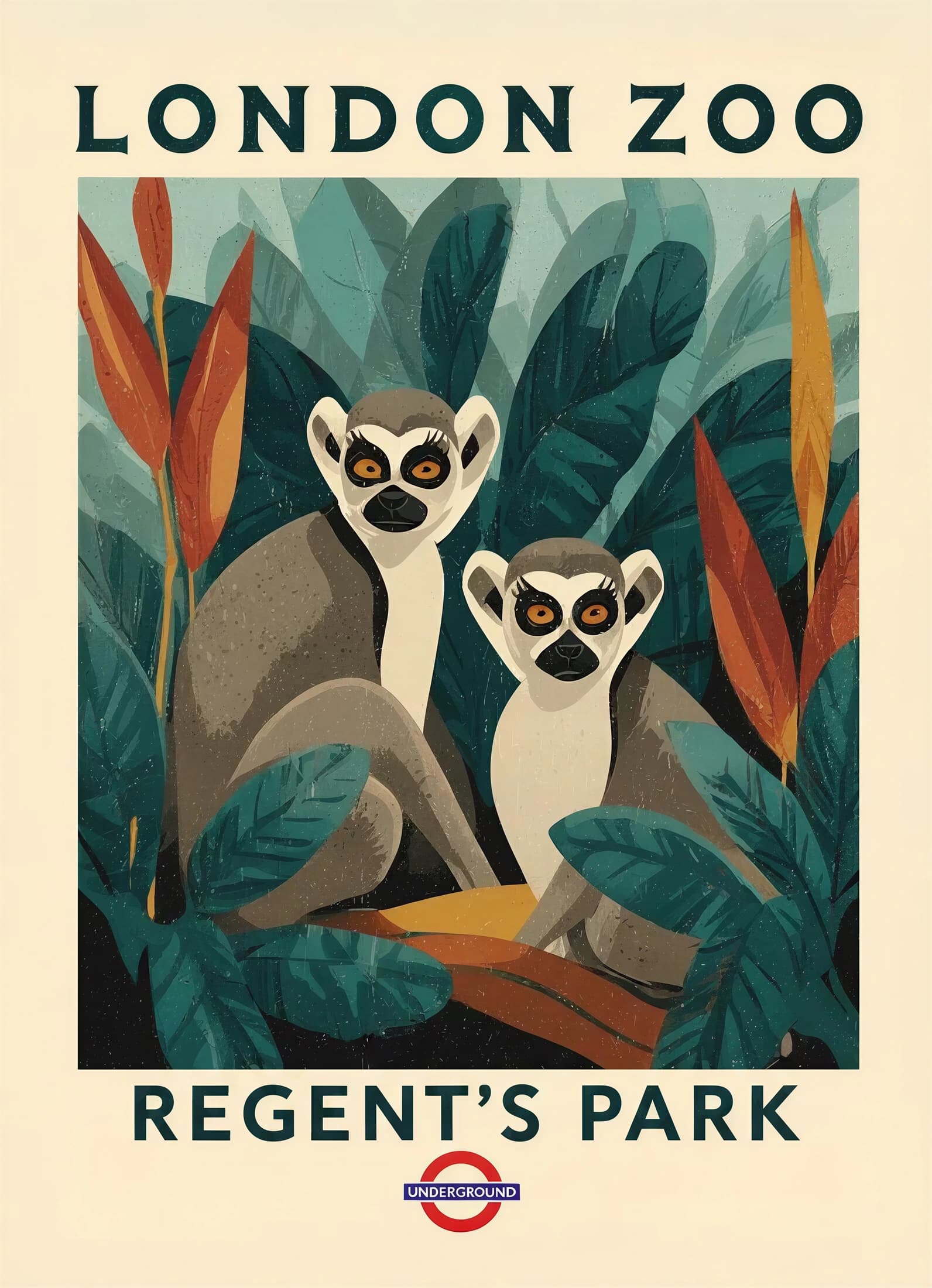 Two ring-tailed lemurs among tropical leaves in a vintage London Zoo Regent's Park travel poster