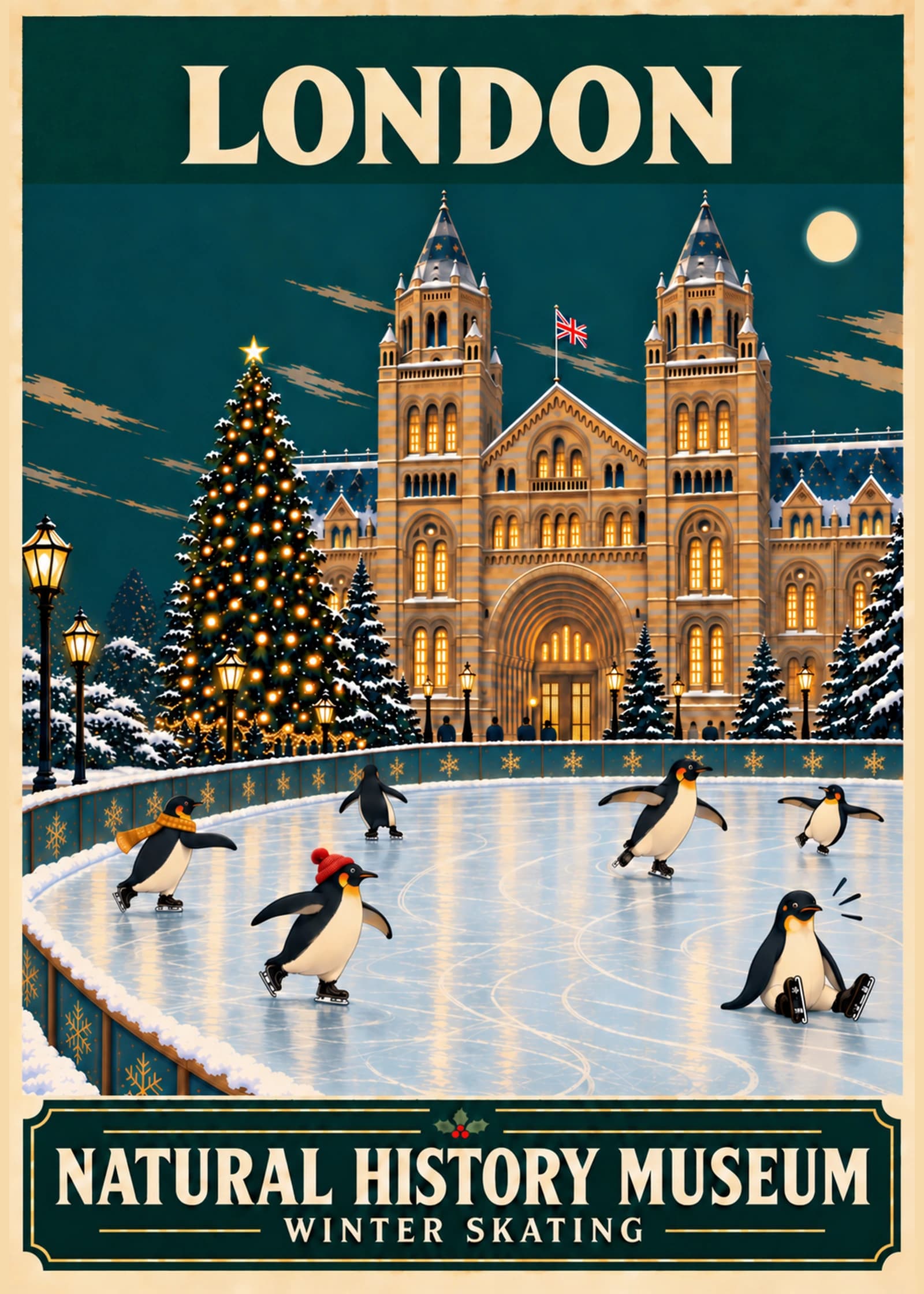 Penguins ice skating outside London's Natural History Museum in a vintage Christmas travel poster