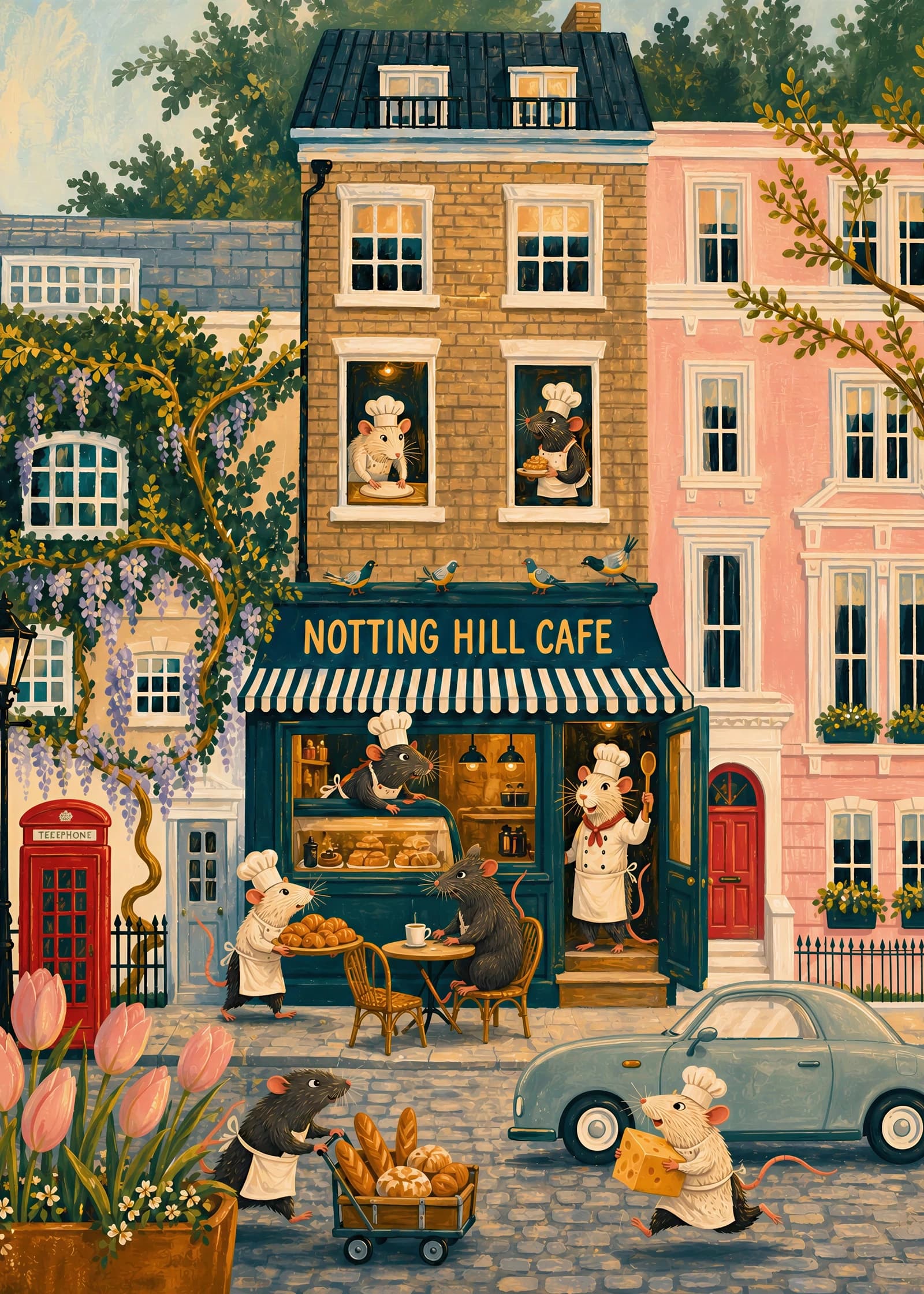 Chef rats running a busy pavement café among the colourful houses of Notting Hill, London