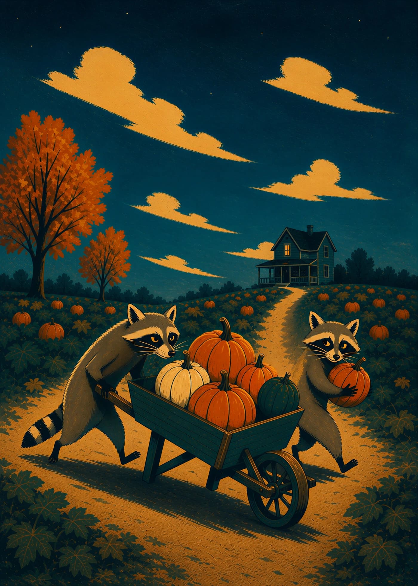 Two mischievous raccoons escaping through an autumn pumpkin patch with a wheelbarrow full of pumpkins