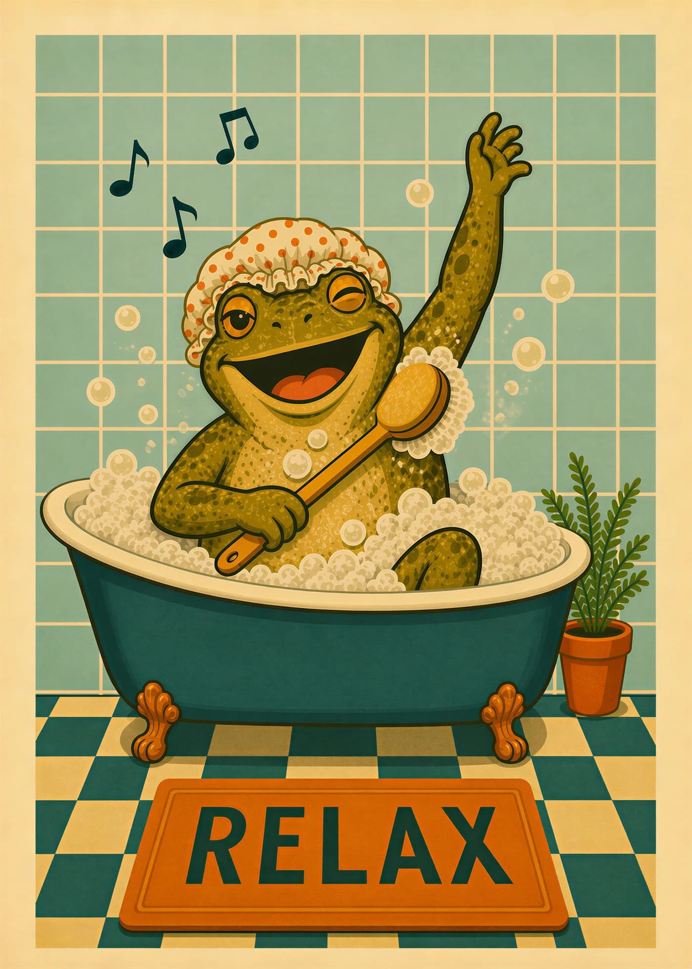 Joyful toad relaxing in a bubble bath with a shower cap and bath brush