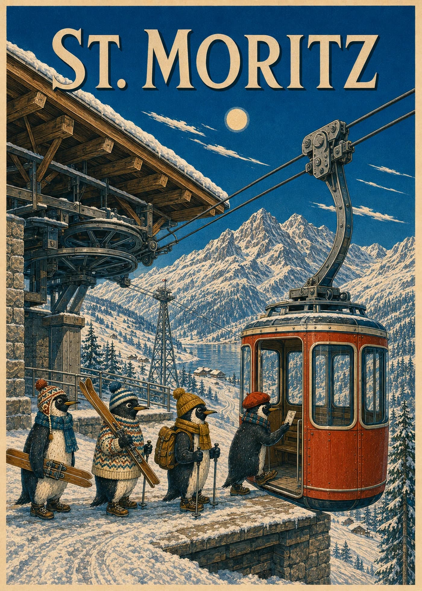Penguins in vintage ski clothes queuing to board a cable car in St. Moritz