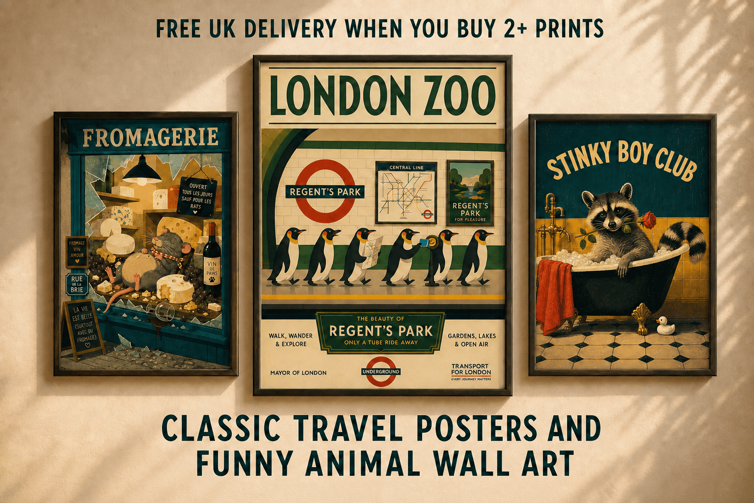London Zoo, Fromagerie and Stinky Boy Club Pet Shenanigans prints displayed on a warm cream wall