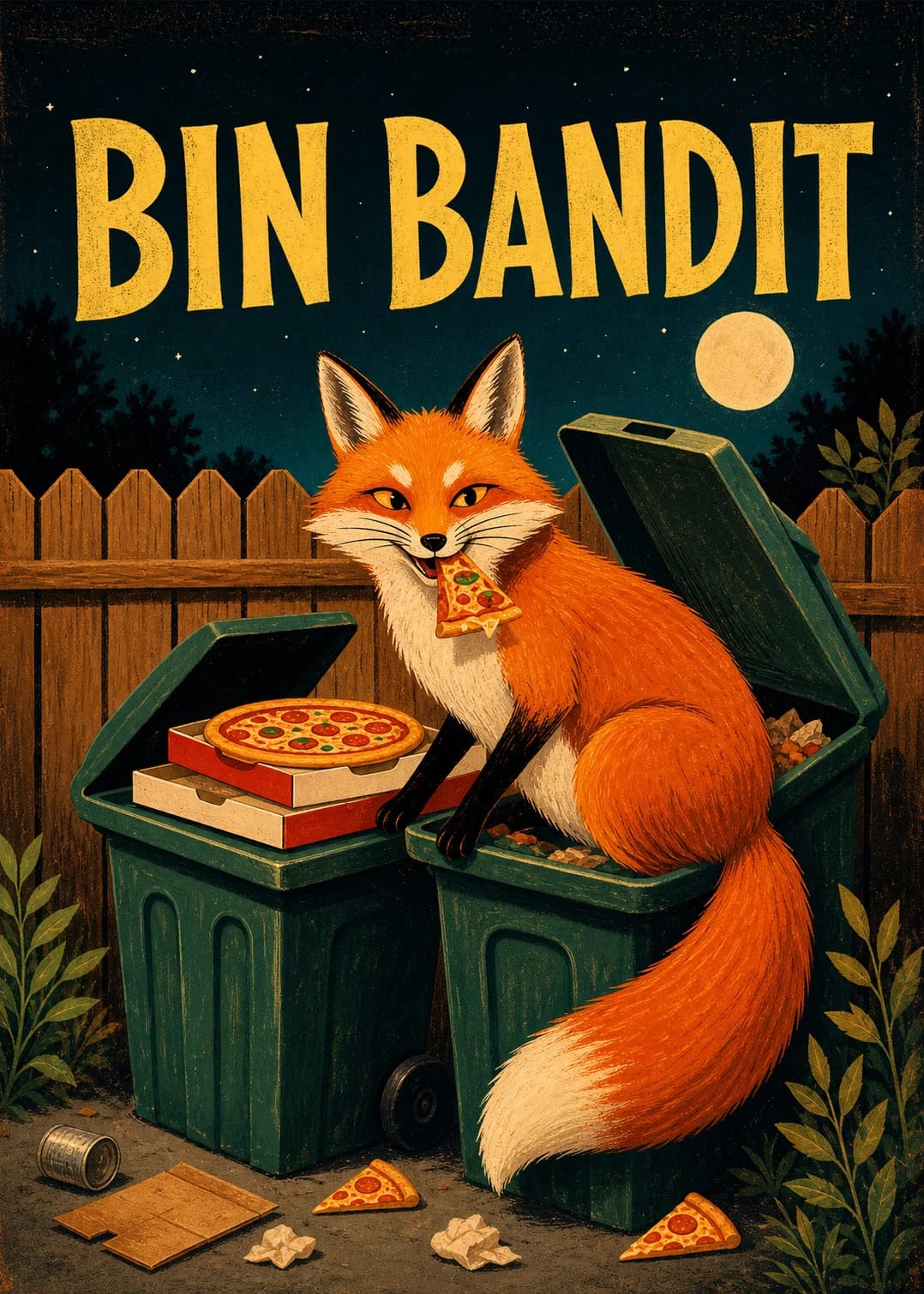 Fox eating pizza from a bin