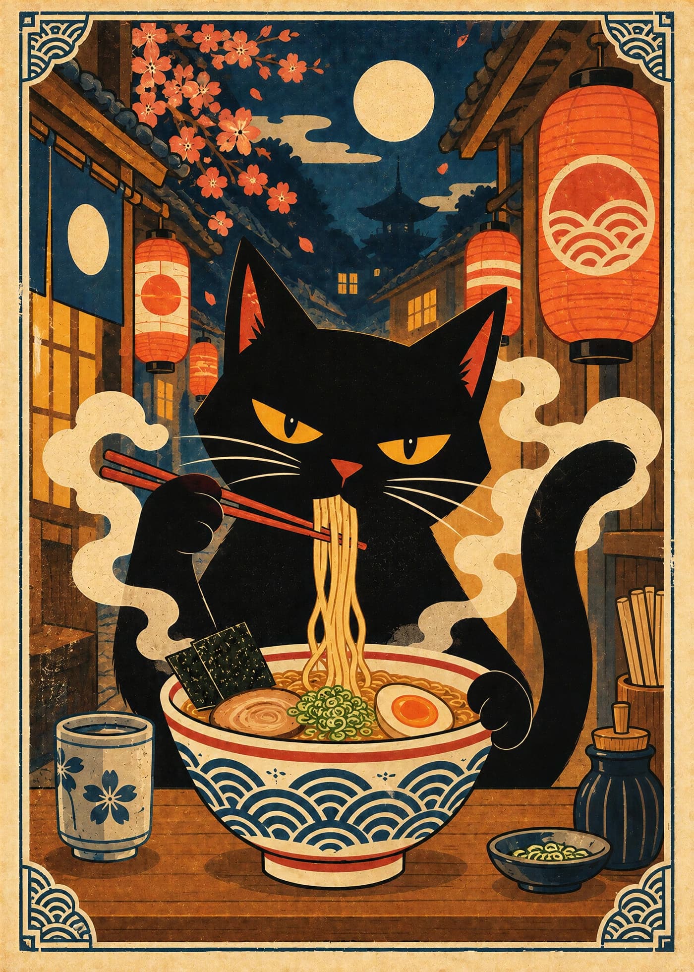 Black cat eating ramen with chopsticks in a lantern-lit Japanese street