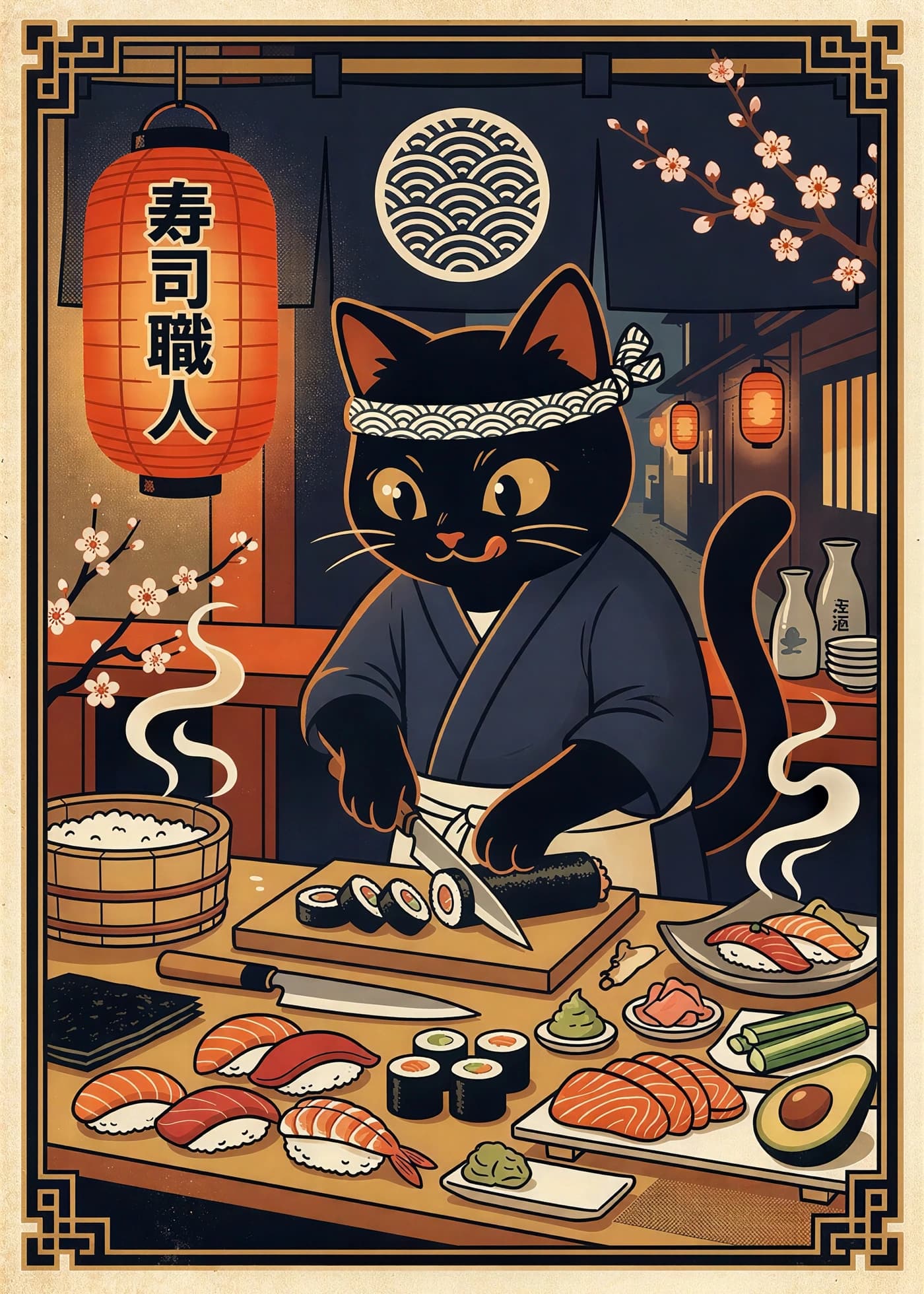 Black cat sushi chef preparing maki and nigiri in a Japanese restaurant