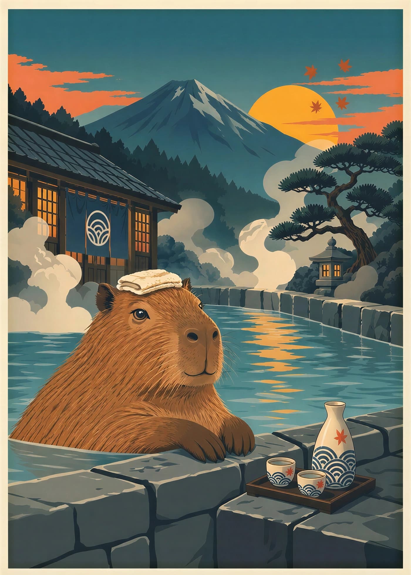Capybara relaxing in a Japanese onsen with sake beside Mount Fuji at sunset
