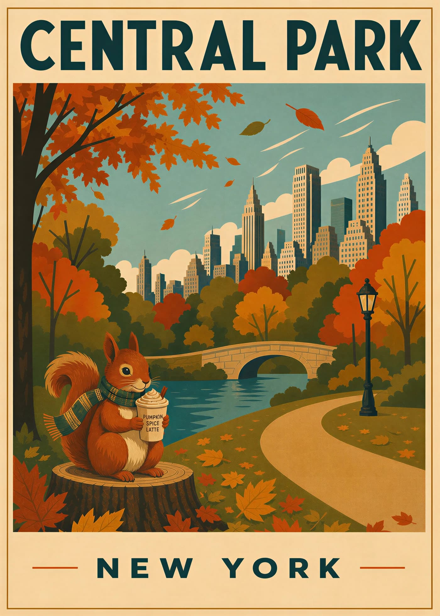 Scarf-wearing squirrel drinking a pumpkin spice latte in autumn Central Park, New York