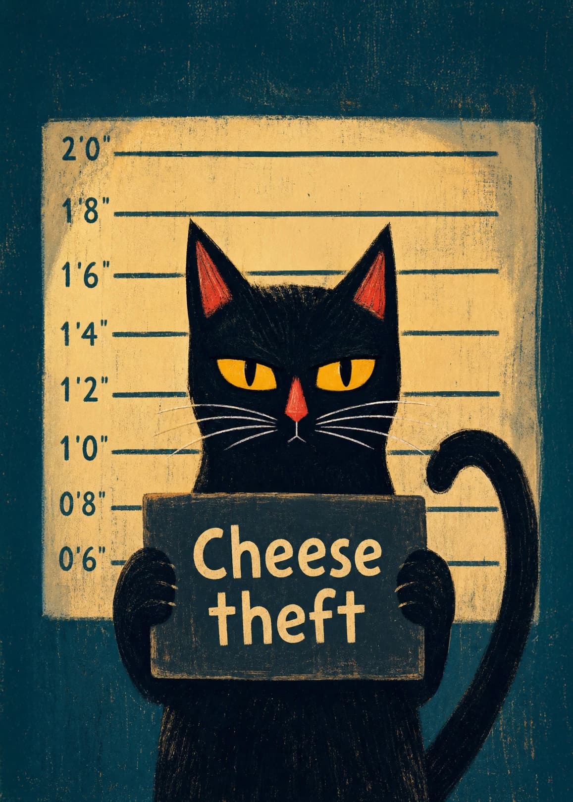 Black cat mugshot holding a slate that says Cheese theft