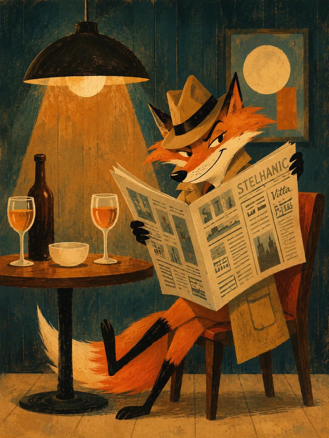 Fox reading a newspaper at a table