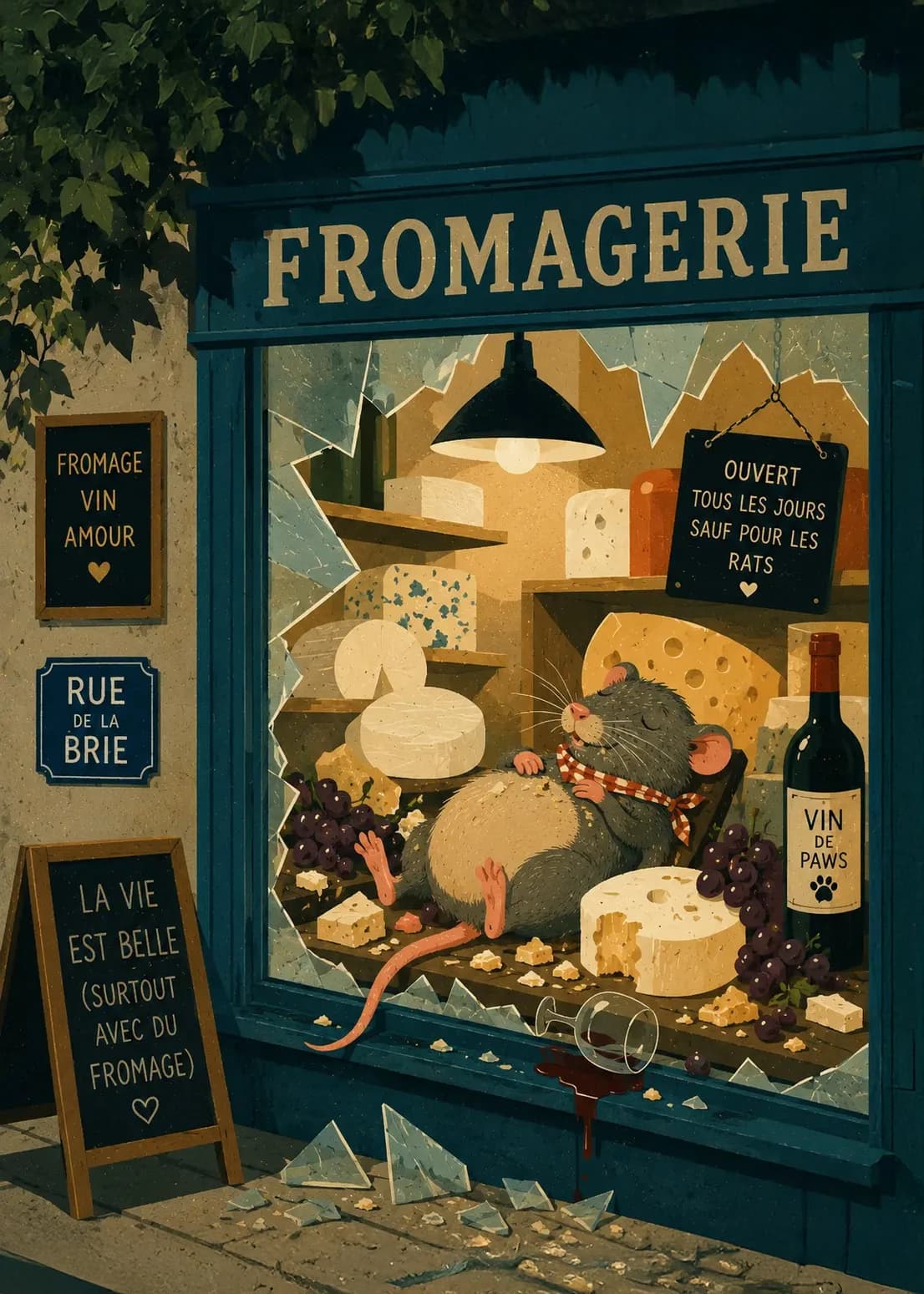 Rat asleep in a cheese shop window
