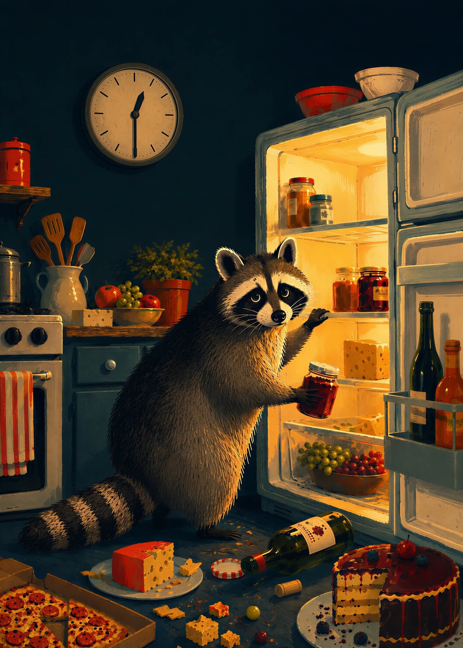 Raccoon raiding a glowing refrigerator at half past midnight