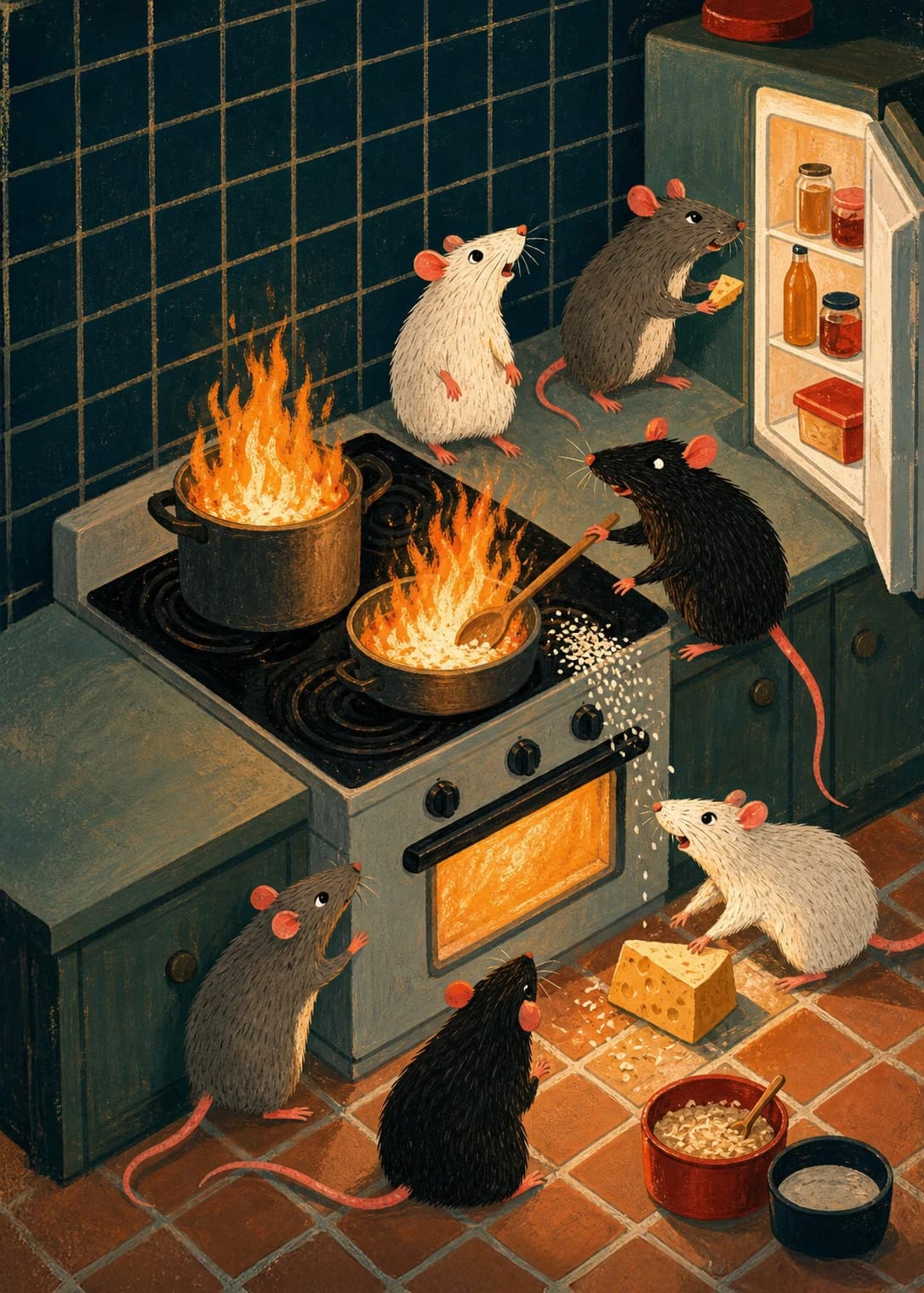 Rats causing chaos in a kitchen with flaming pans