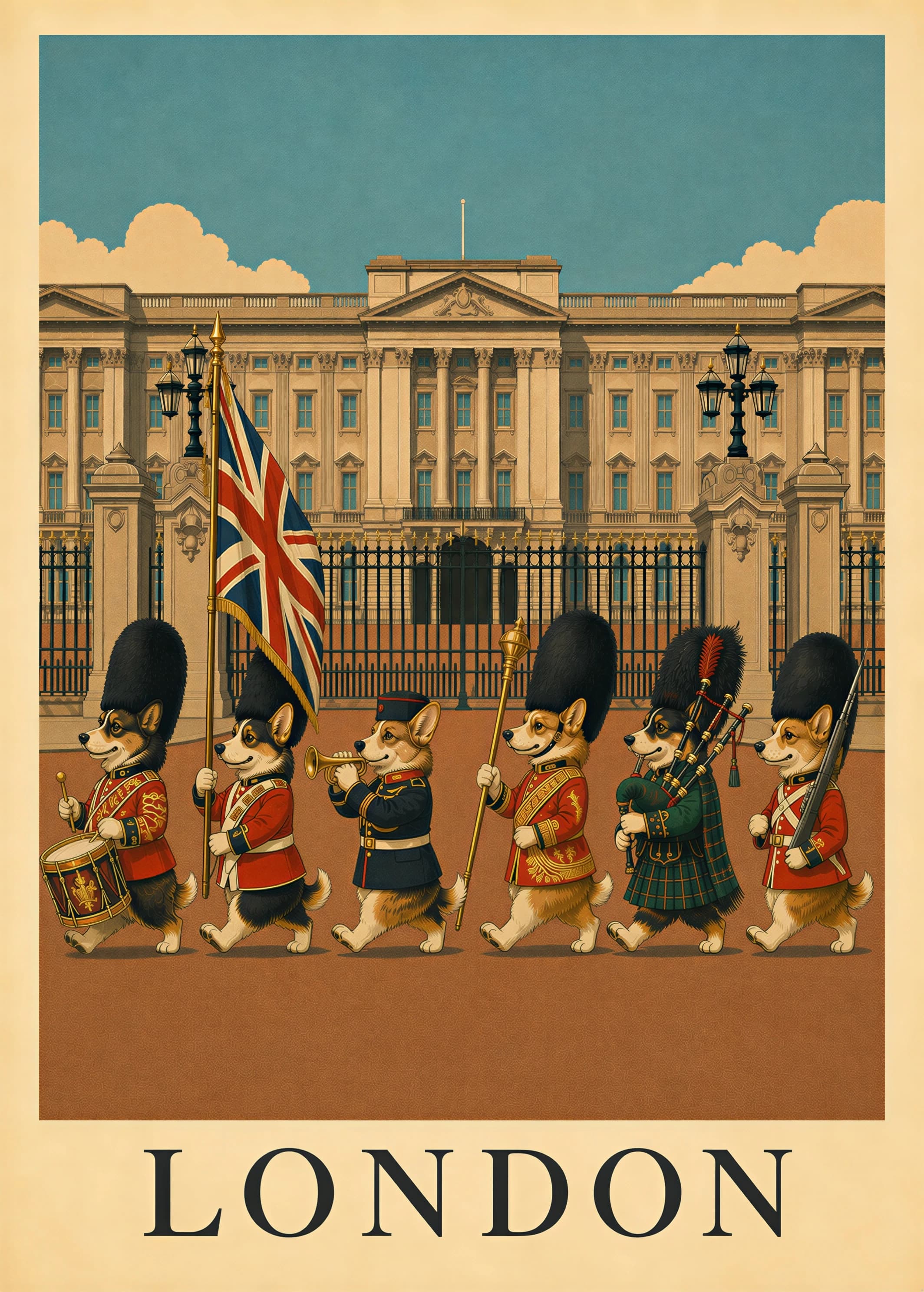 Corgis performing the Changing of the Guard outside Buckingham Palace in a vintage London travel poster