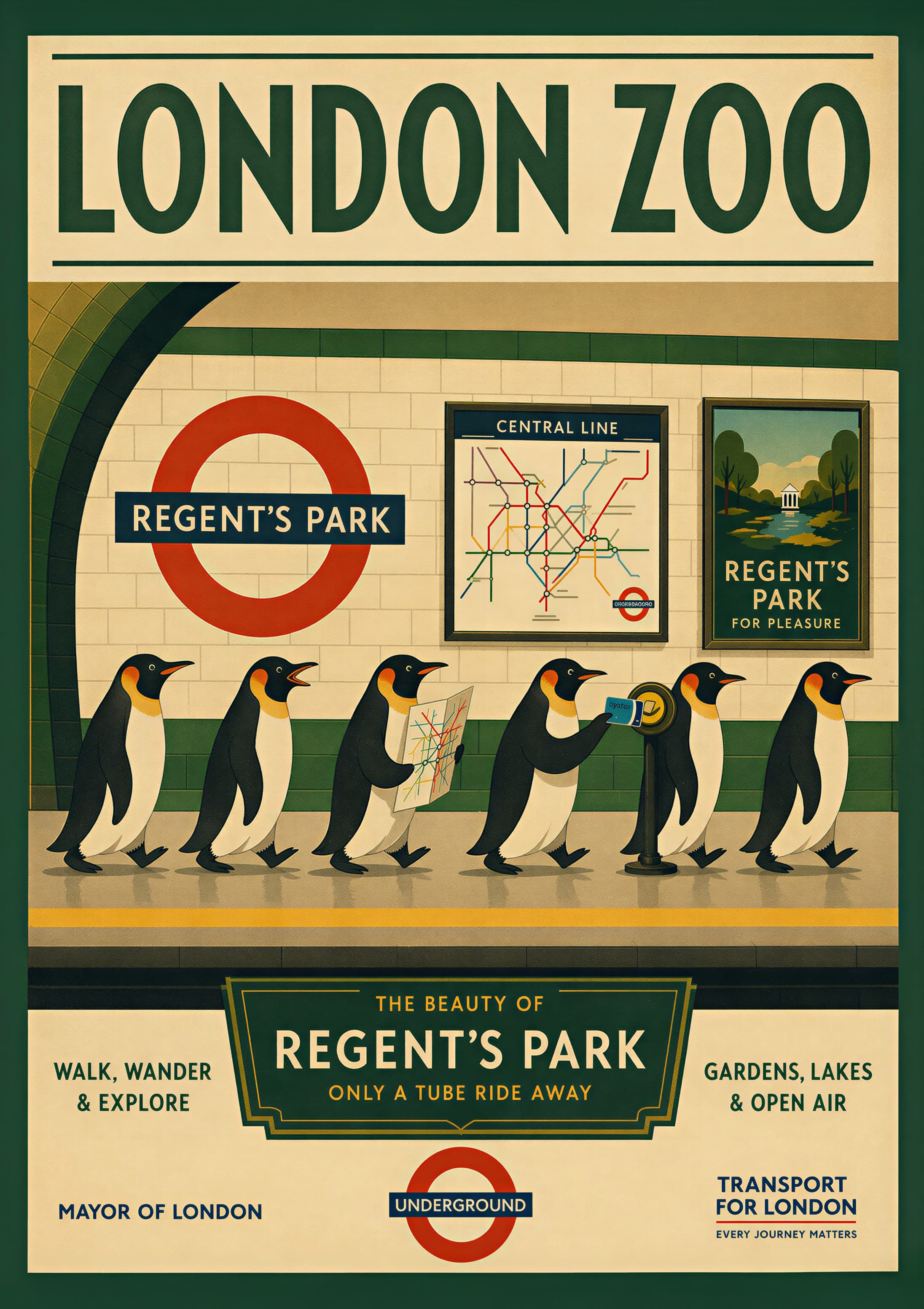 Penguins escaping London Zoo through Regent's Park tube station