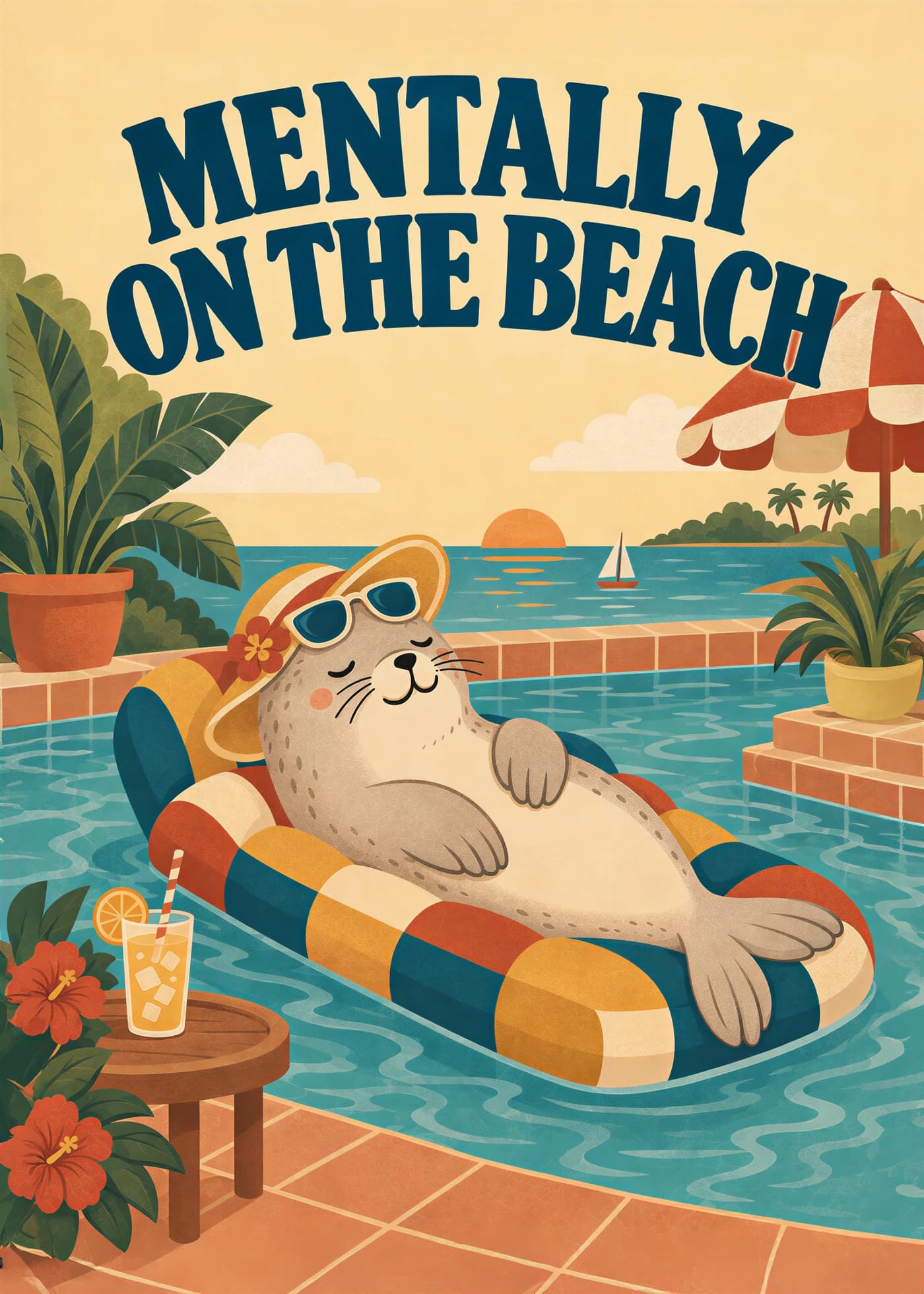 Contented seal relaxing on a colourful pool float beneath the words Mentally on the Beach