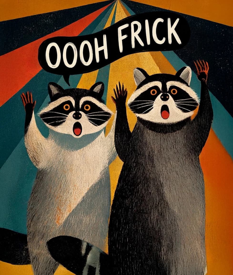 Two startled raccoons under colourful light beams with text reading Oooh Frick