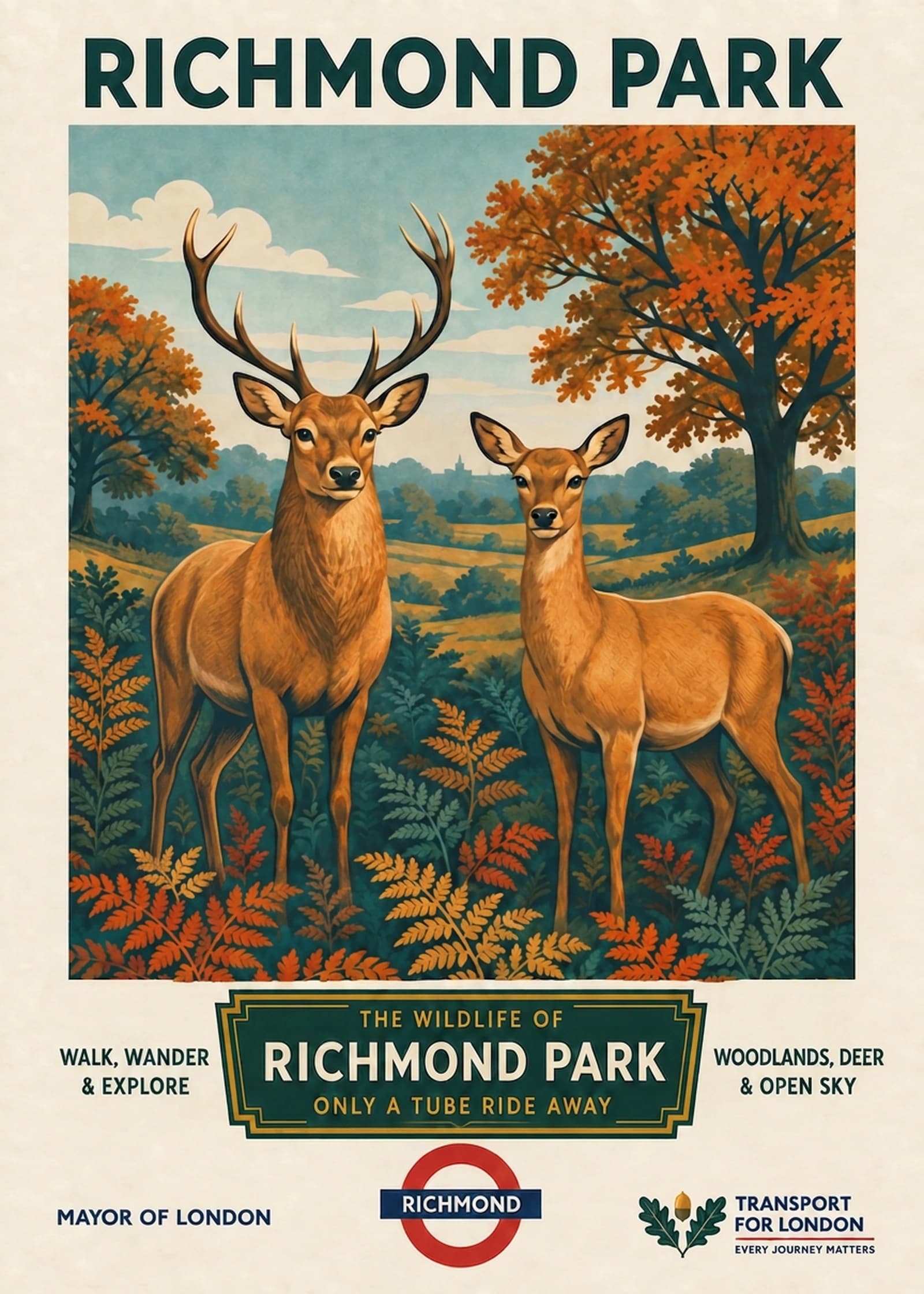 A stag and doe among autumn bracken in Richmond Park, illustrated as a vintage London travel poster