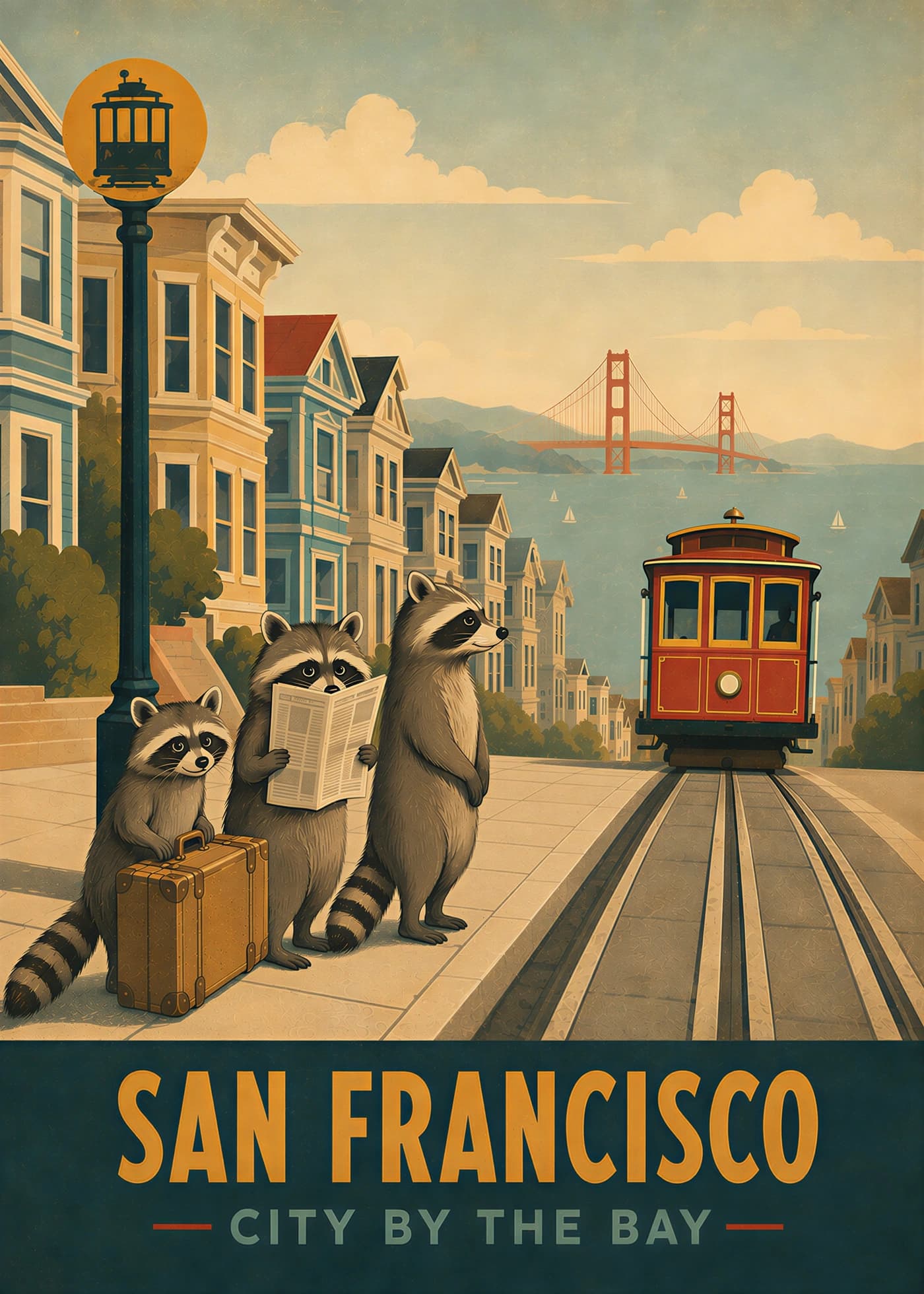 Three raccoons waiting in an orderly queue for a San Francisco cable car