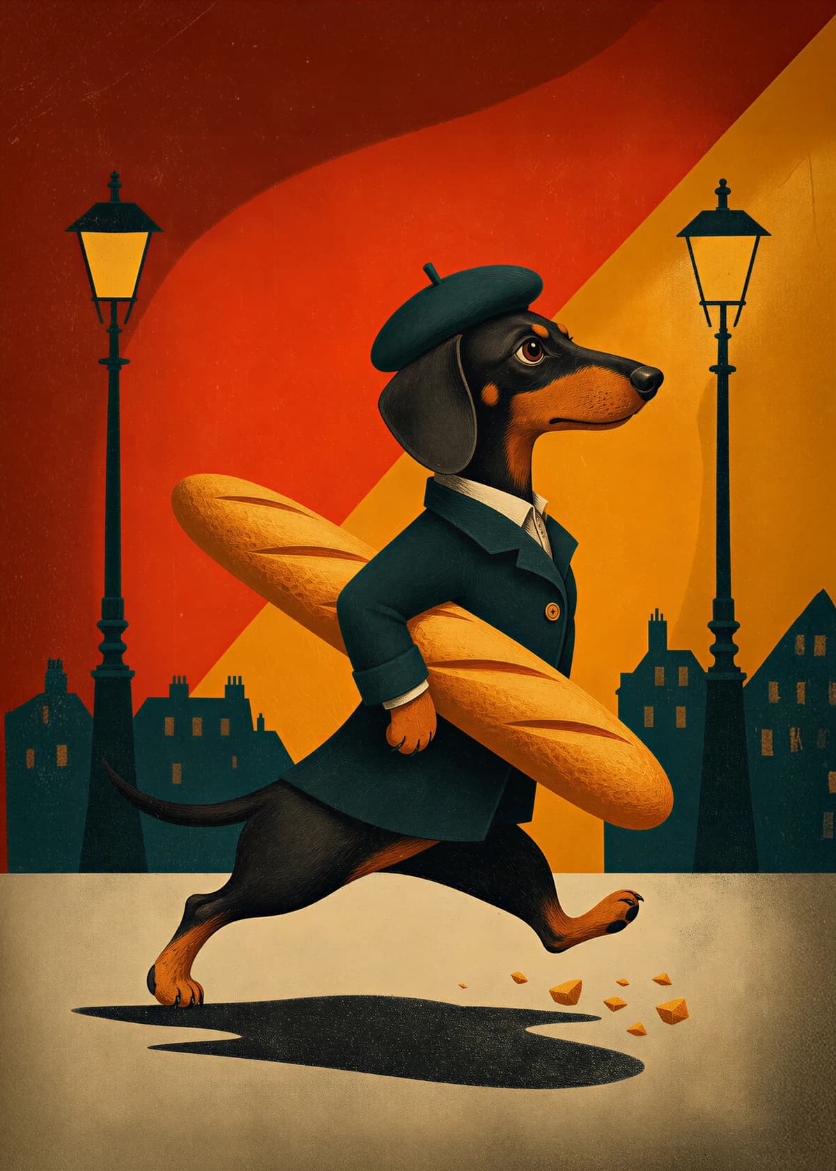 Parisian sausage dog carrying a baguette vintage art print