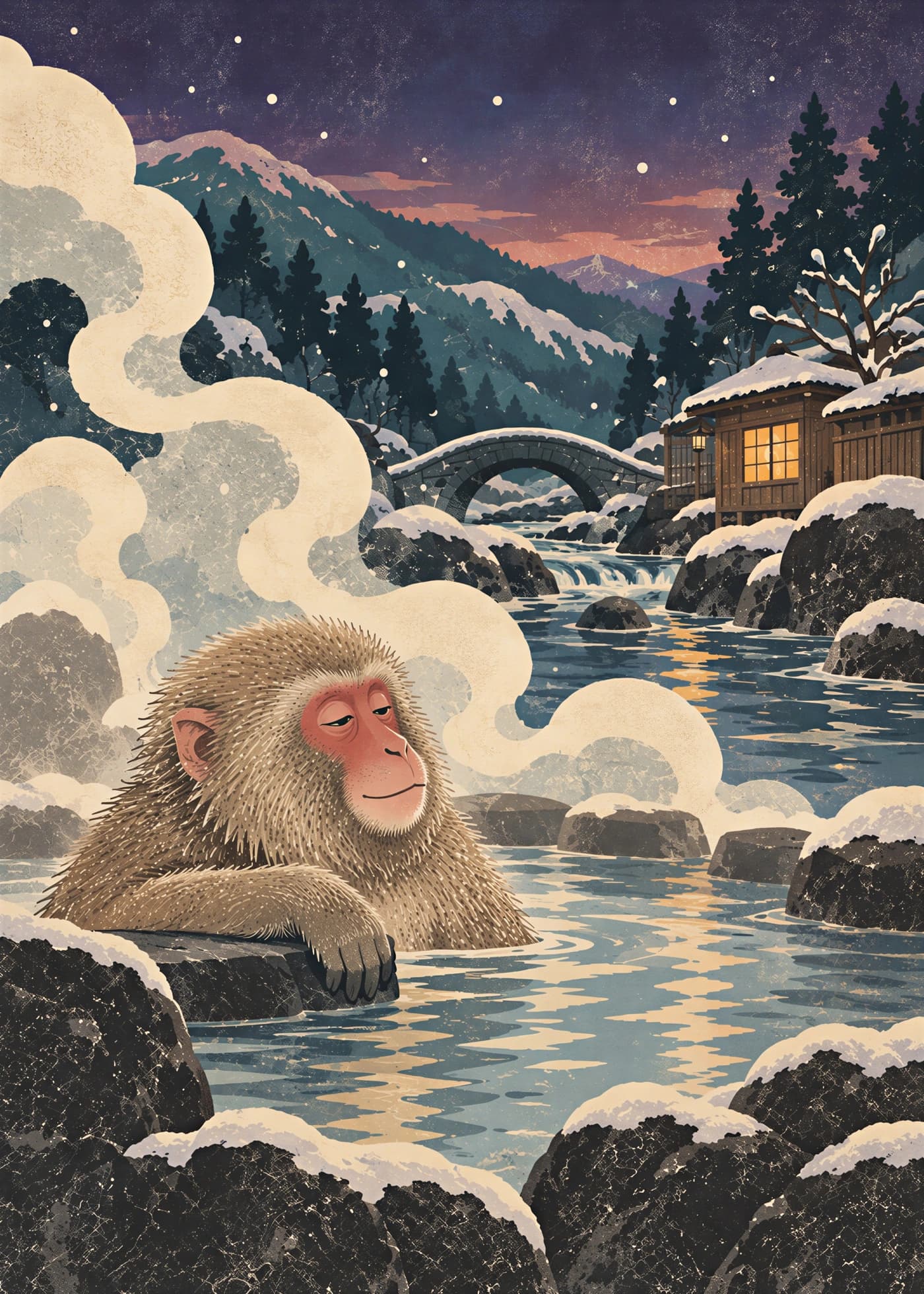 Japanese snow monkey relaxing in a steaming mountain onsen on a snowy evening