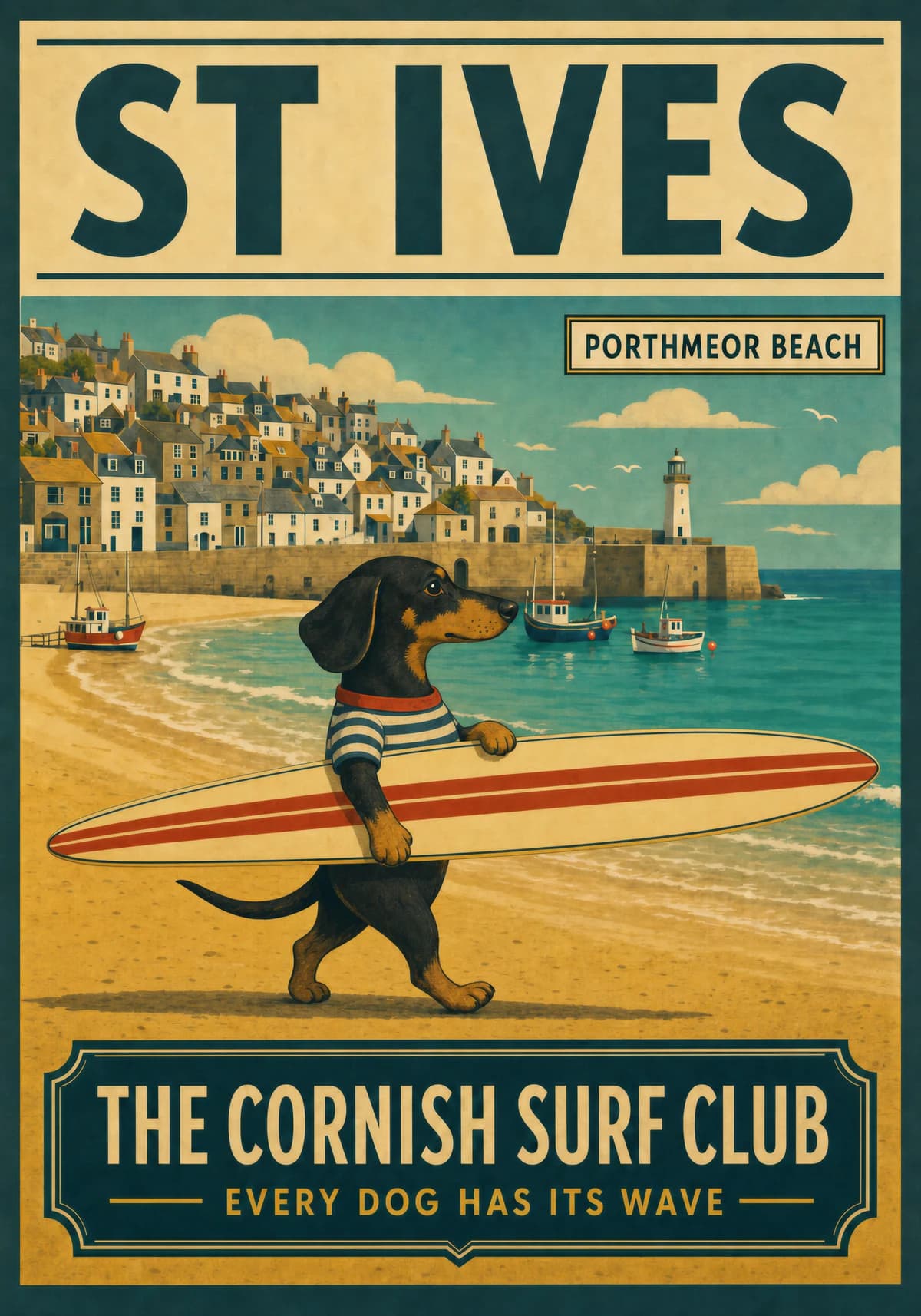 St Ives Cornish Surf Club dachshund carrying a surfboard at Porthmeor Beach