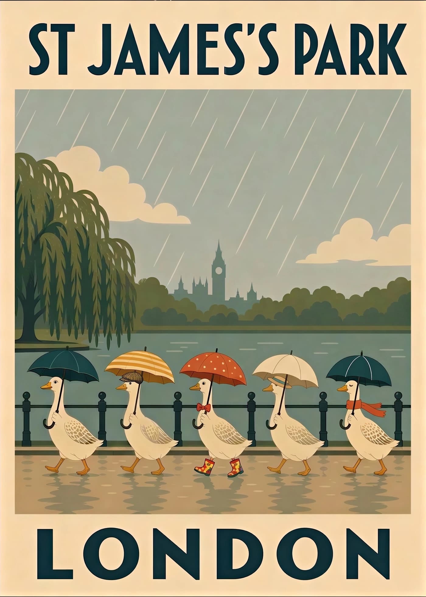 Five umbrella-carrying geese walking through rainy St James's Park in a vintage London travel poster