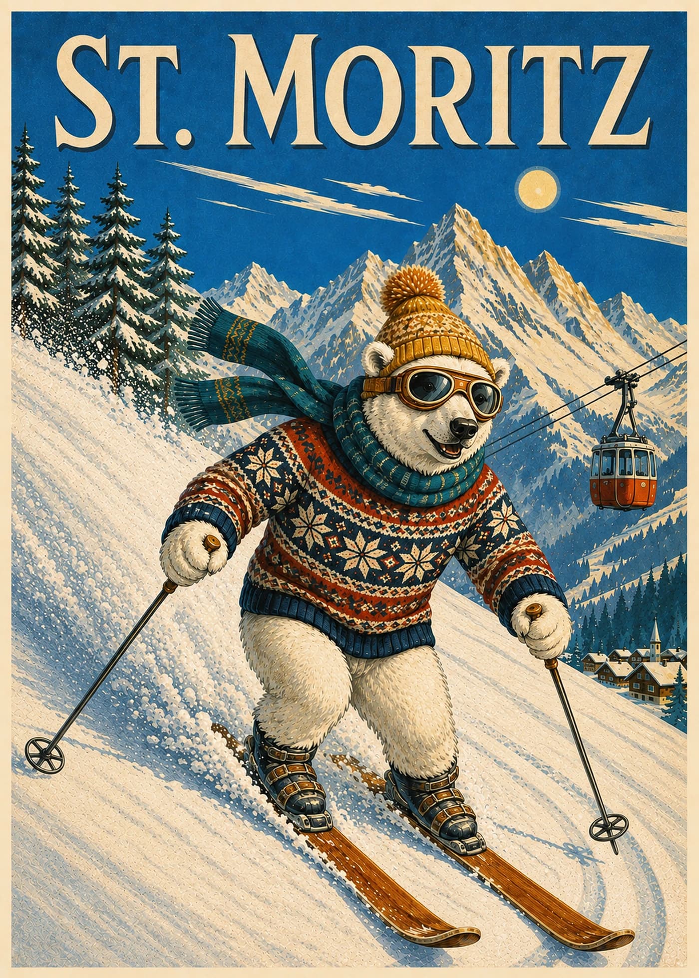 Polar bear skiing through the Swiss Alps in a St. Moritz travel poster