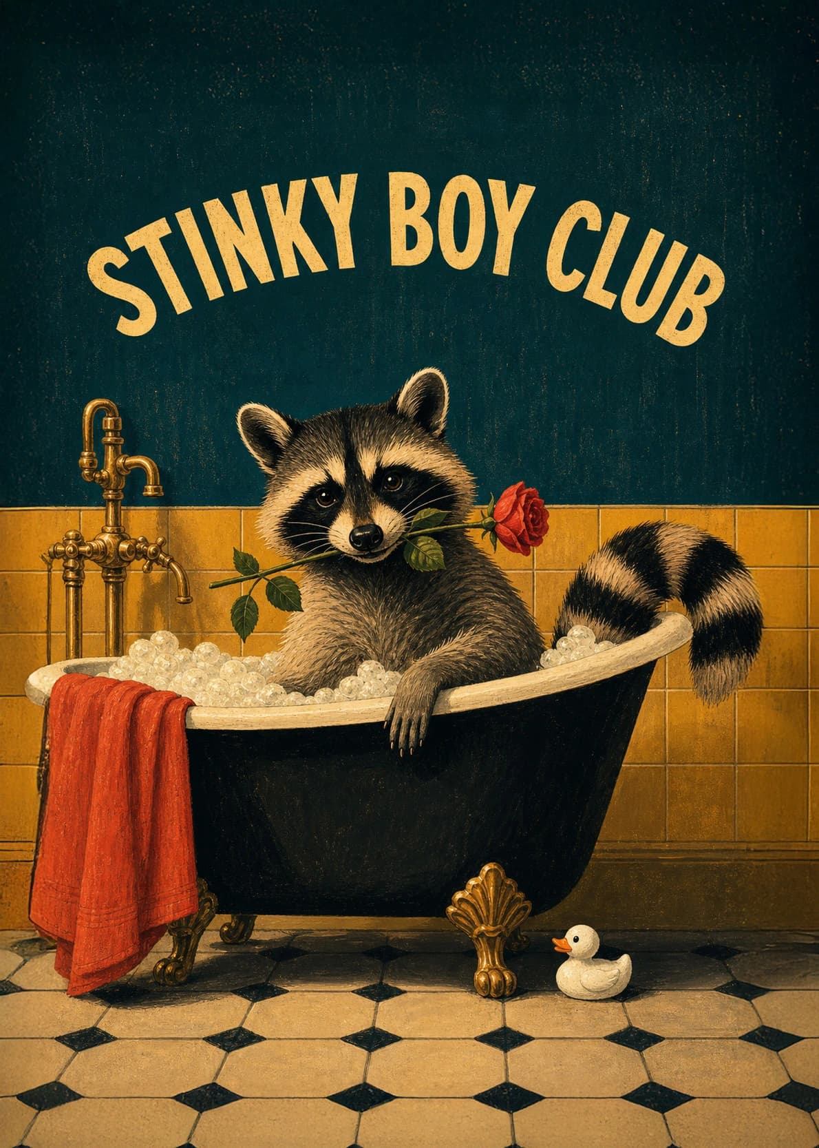Raccoon in a bath with rose
