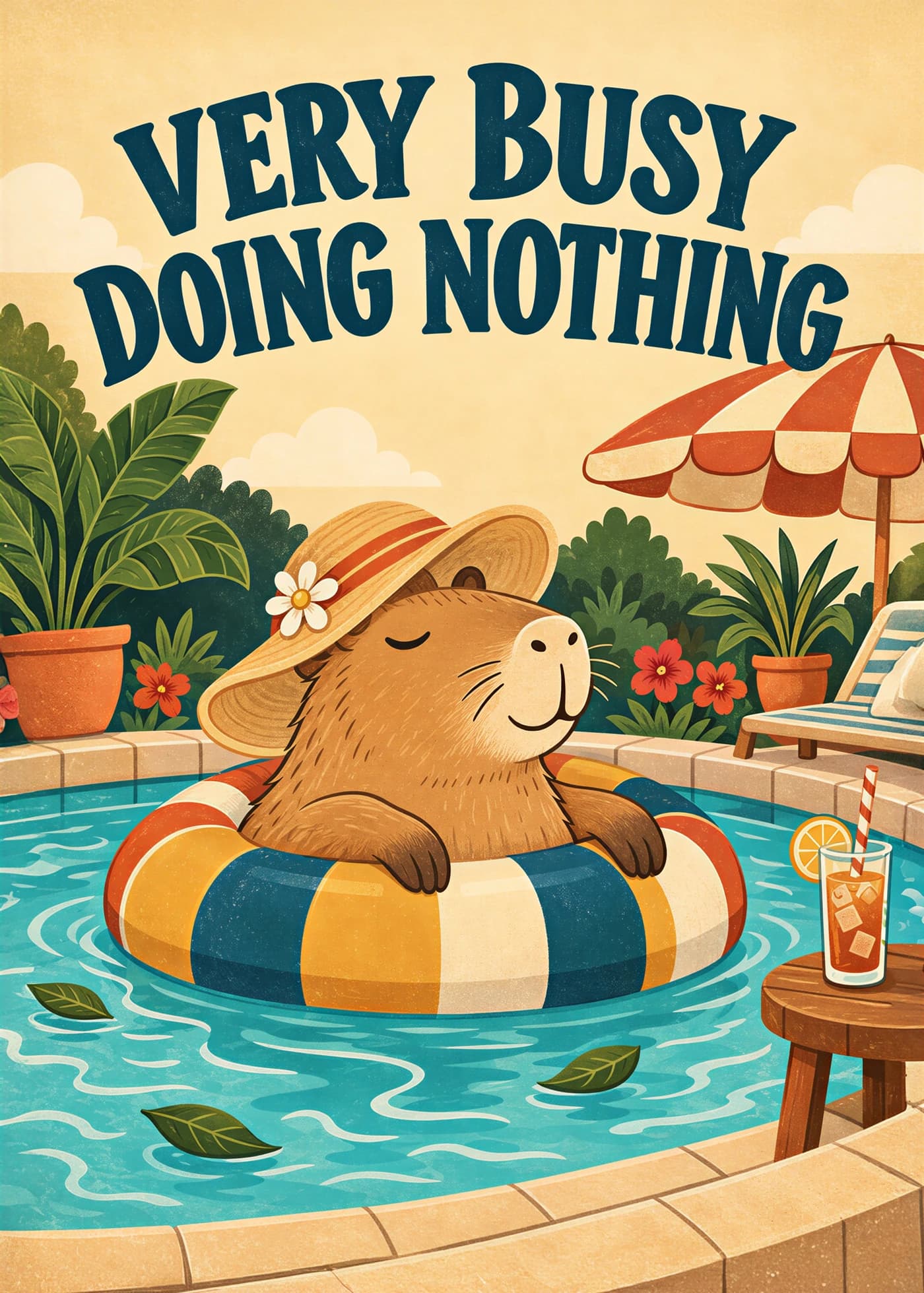 Relaxed capybara floating in a colourful pool ring beneath the words Very Busy Doing Nothing