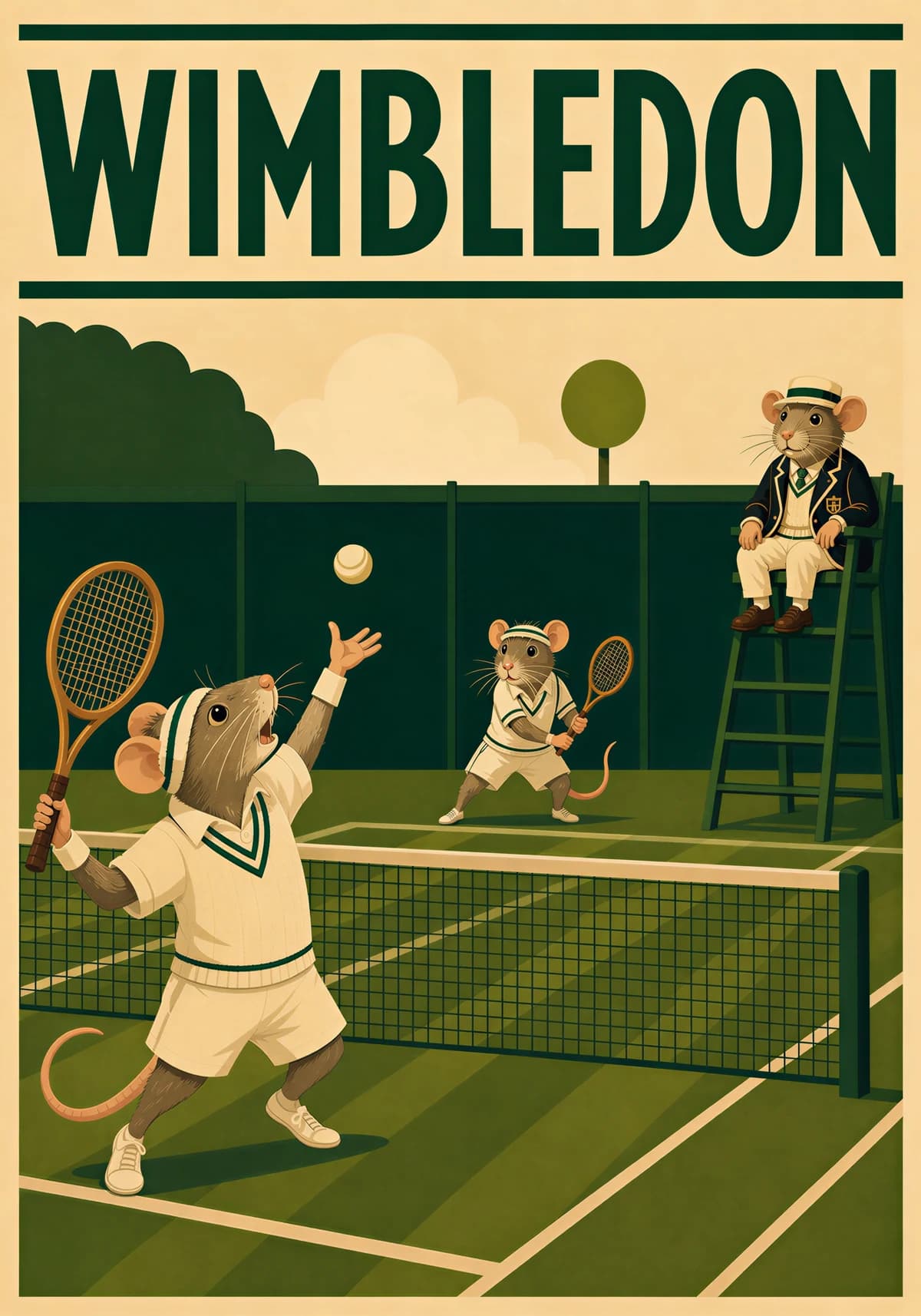 Rats playing tennis at Wimbledon in vintage tennis whites