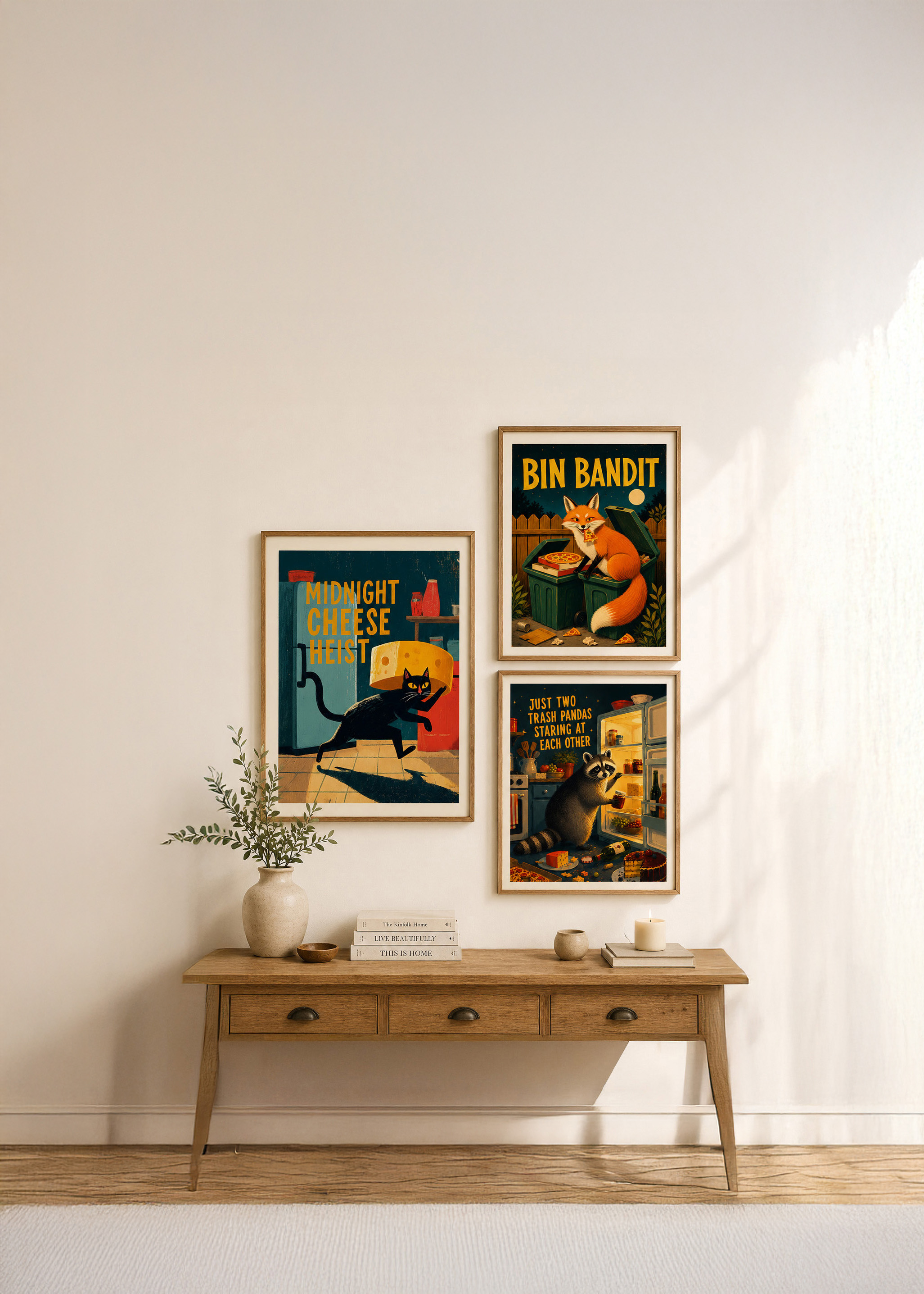Three framed Pet Shenanigans prints displayed in a cosy living room